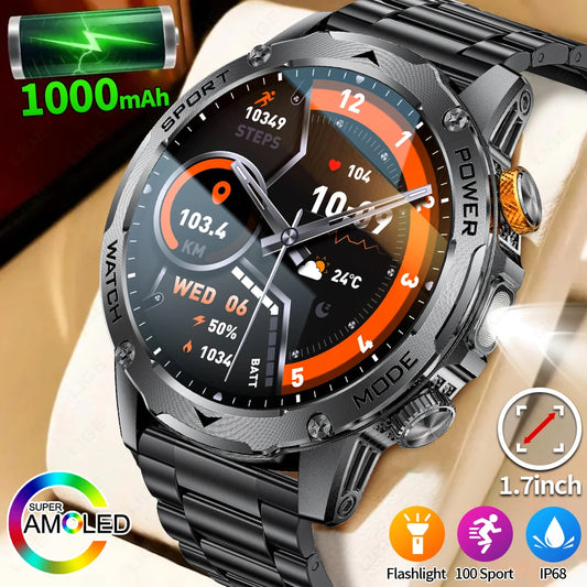 LIGE 2025 New For HUAWEI Xiaomi 1000mah AMOLED Smart Watch Men Sports Fitness LED Flashlight 3ATM Waterproof BT Call Smartwatch