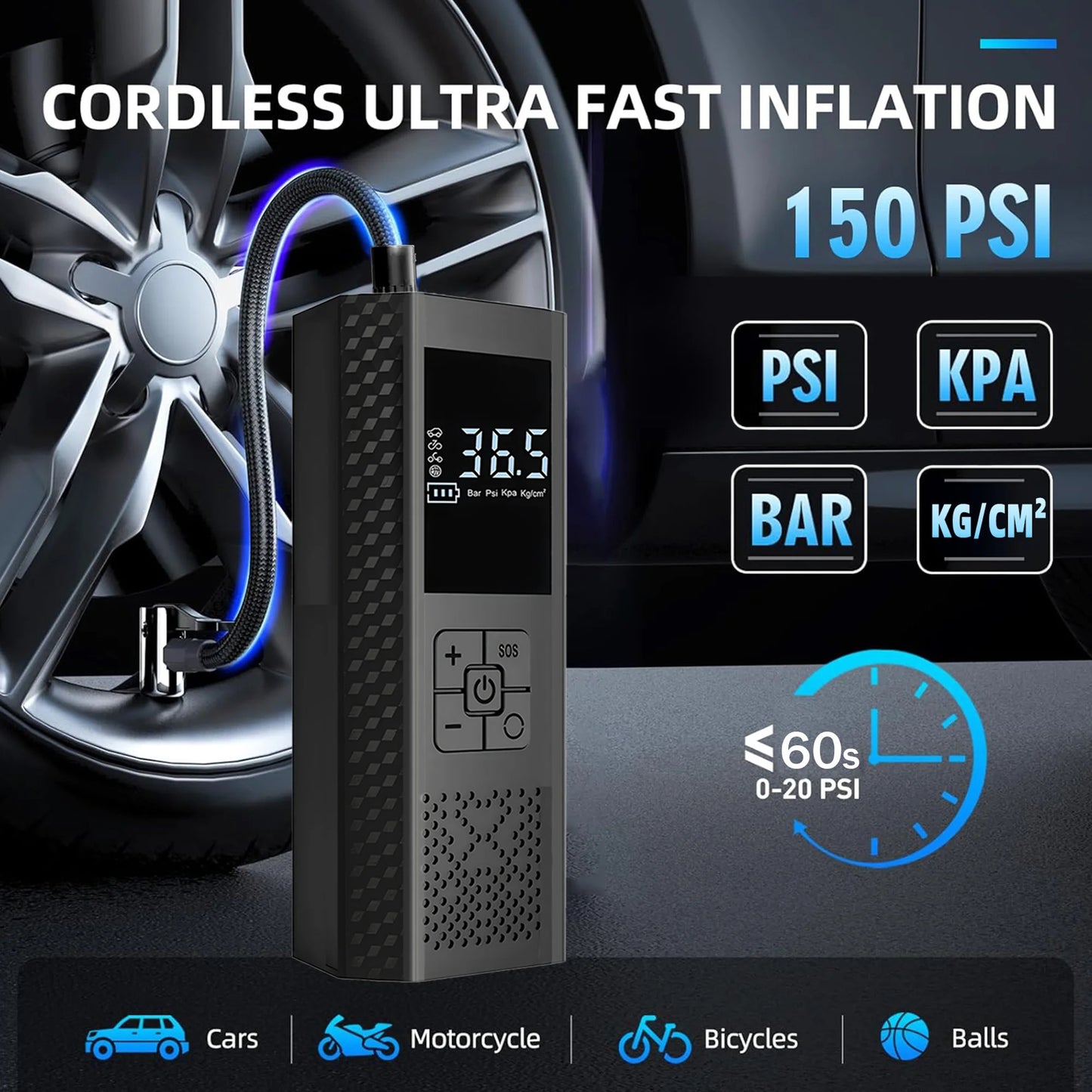 Wireless Car Air Pump 150PSI Electric Tire Inflator Portable Air Compressor for Motorcycle Bike Car Tires And Balls