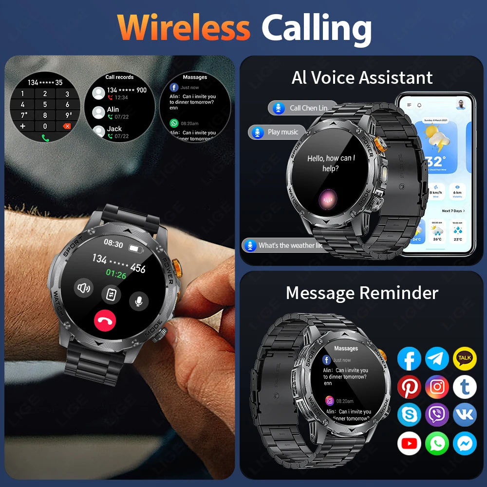 LIGE 2025 New For HUAWEI Xiaomi 1000mah AMOLED Smart Watch Men Sports Fitness LED Flashlight 3ATM Waterproof BT Call Smartwatch