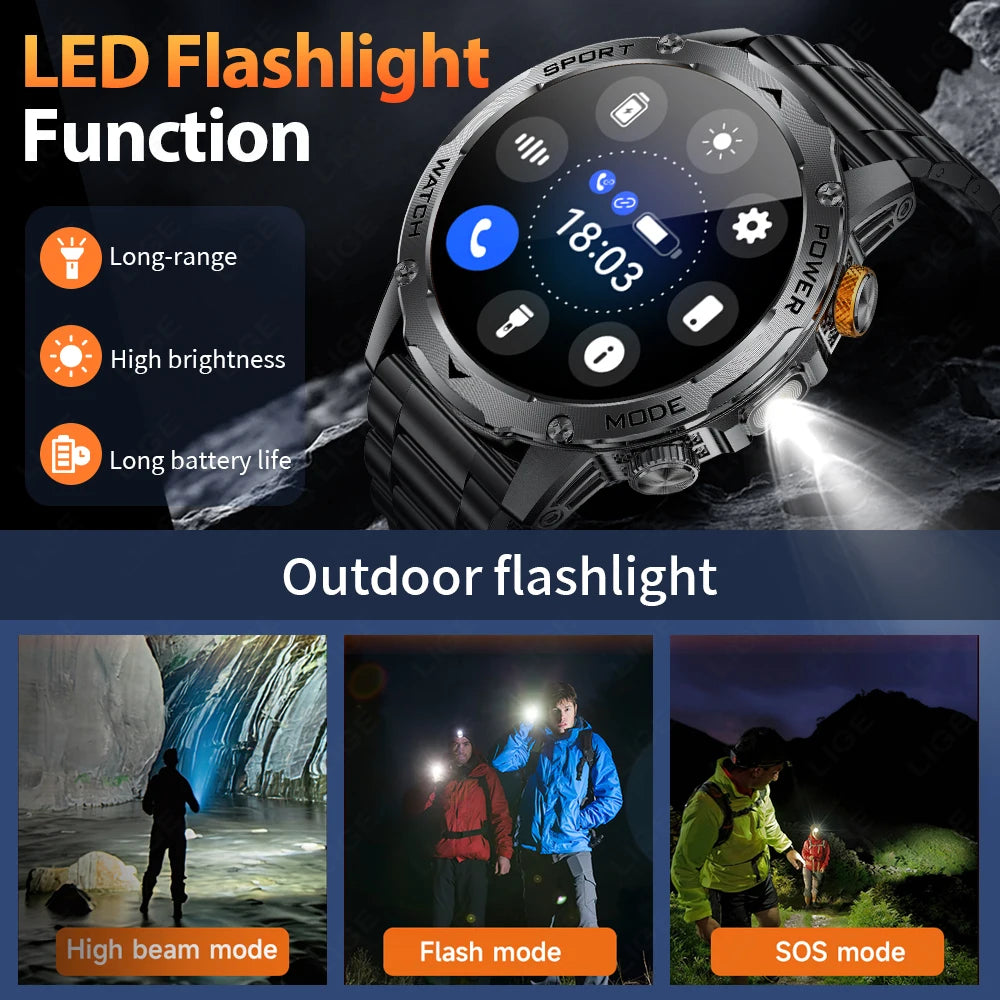 LIGE 2025 New For HUAWEI Xiaomi 1000mah AMOLED Smart Watch Men Sports Fitness LED Flashlight 3ATM Waterproof BT Call Smartwatch