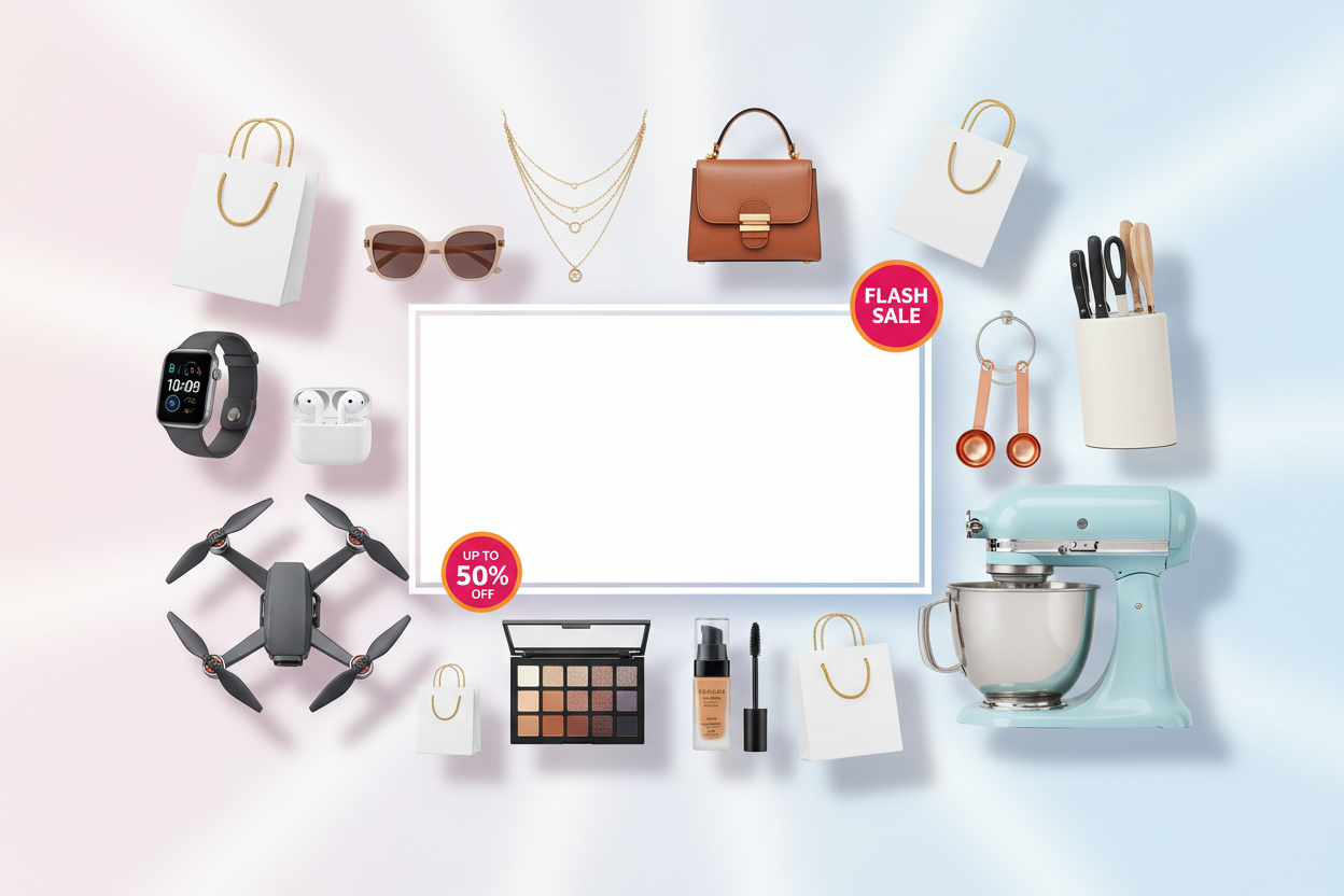 A modern eCommerce website banner for an online shopping store, clean white background with soft gradients, multiple trending products arranged neatly (gadgets, kitchen tools, beauty items, accessories), shopping bags and discount tags, big bold text space in center, premium lighting, minimal design, professional product photography style, soft shadows, high contrast, 4K, ultra sharp, realistic, vibrant colors, online shopping vibe, banner layout, wide aspect ratio